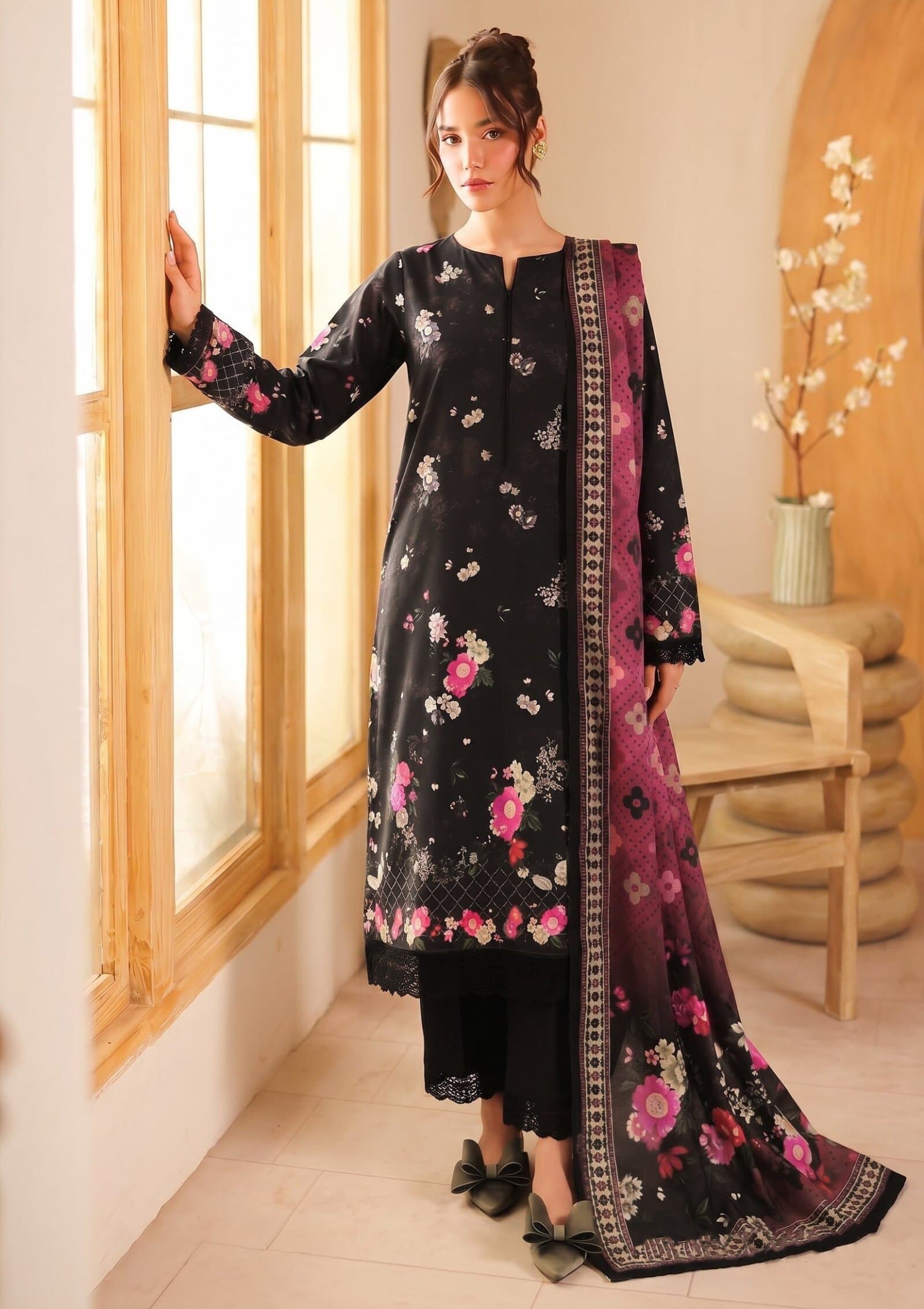 Black Pink Floral unstitched 3-piece lawn suit — Zaha — Black Pink Floral