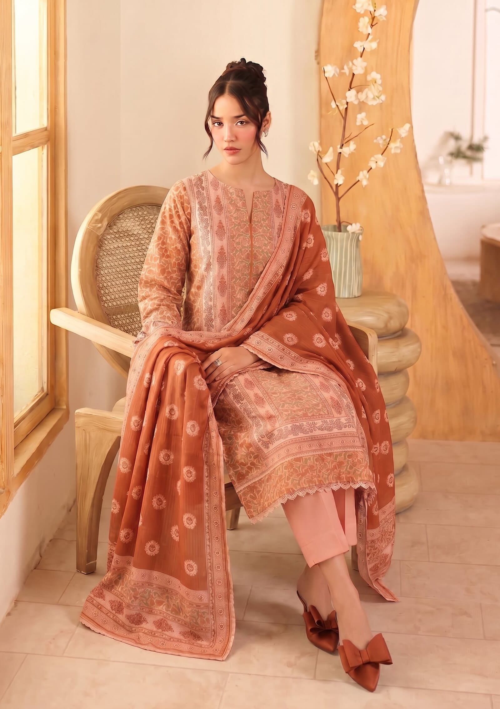 Rust Terracotta unstitched 3-piece lawn suit — Zaha — Rust Terracotta