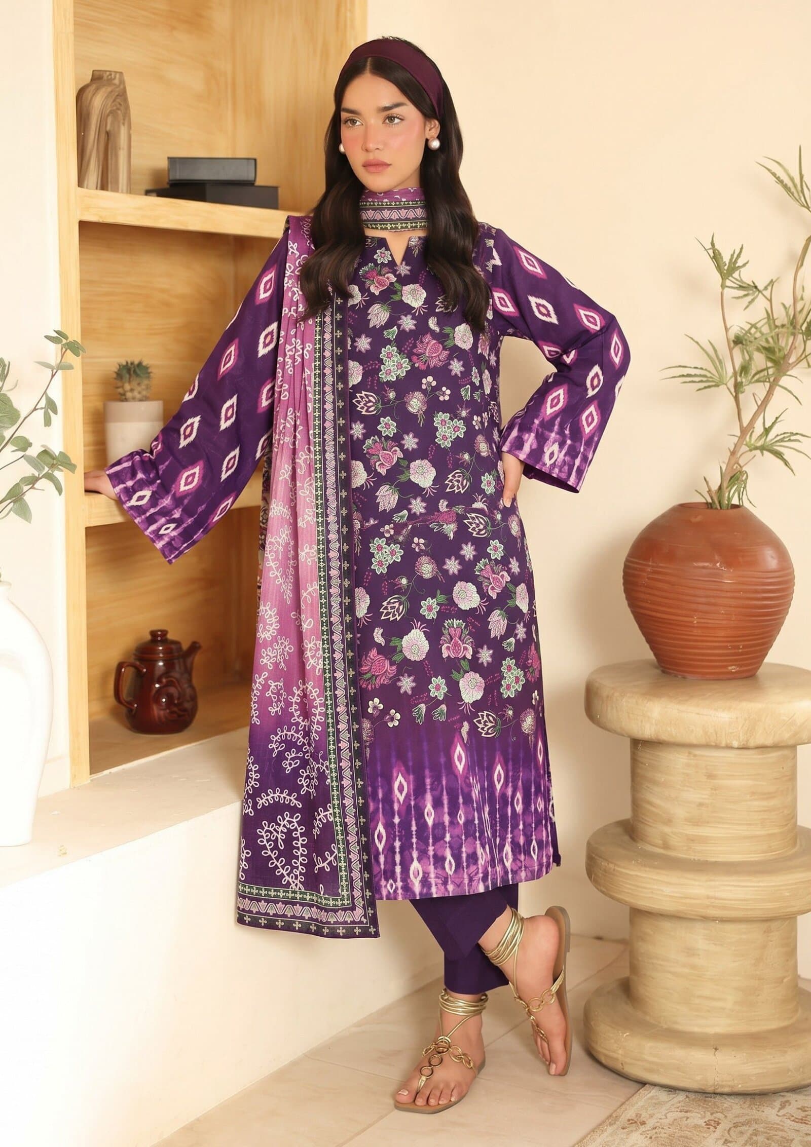 Purple Ikat unstitched 3-piece lawn suit — Zaha — Purple Ikat