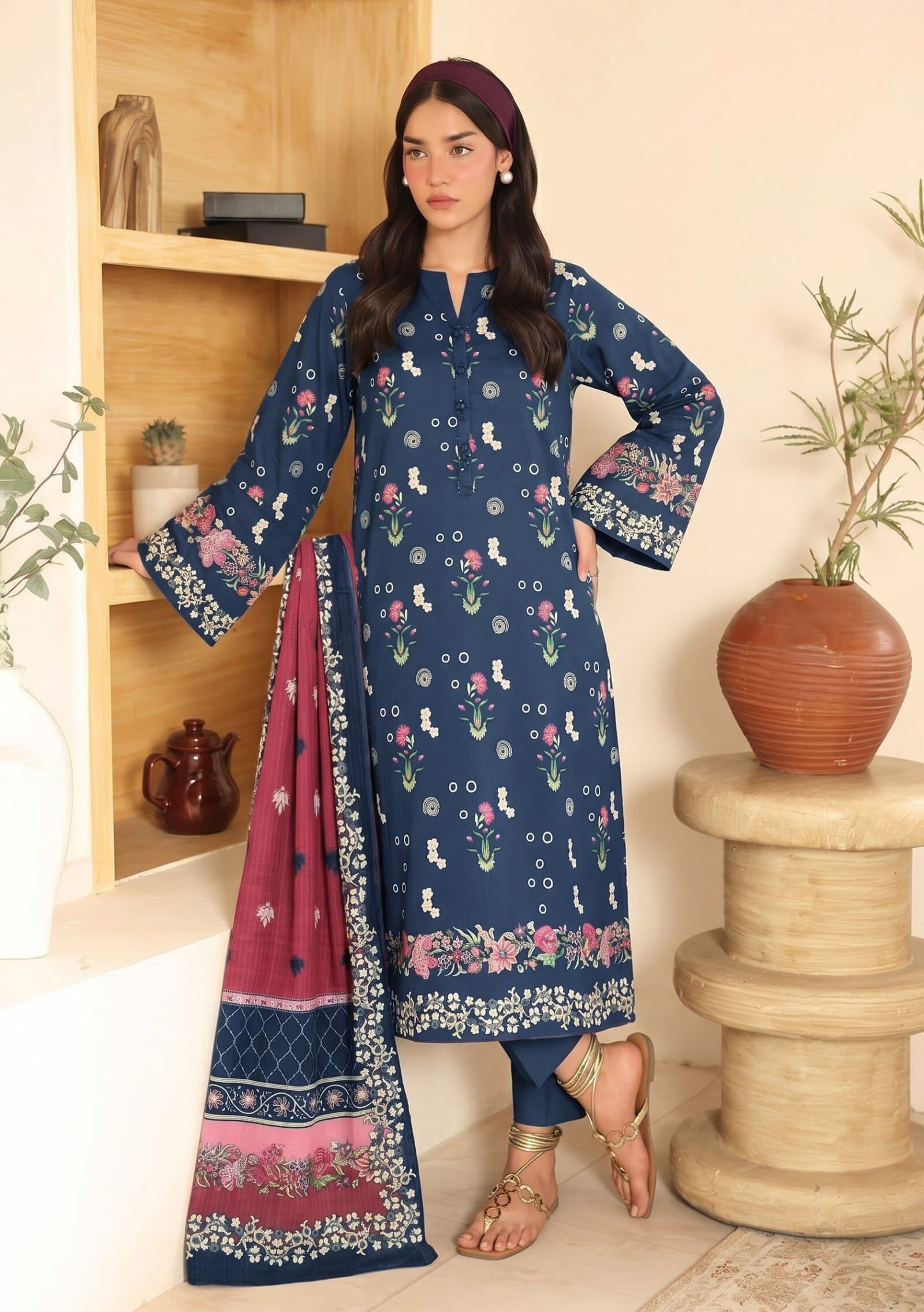 Navy Pink Floral unstitched 3-piece lawn suit — Zaha — Navy Pink Floral