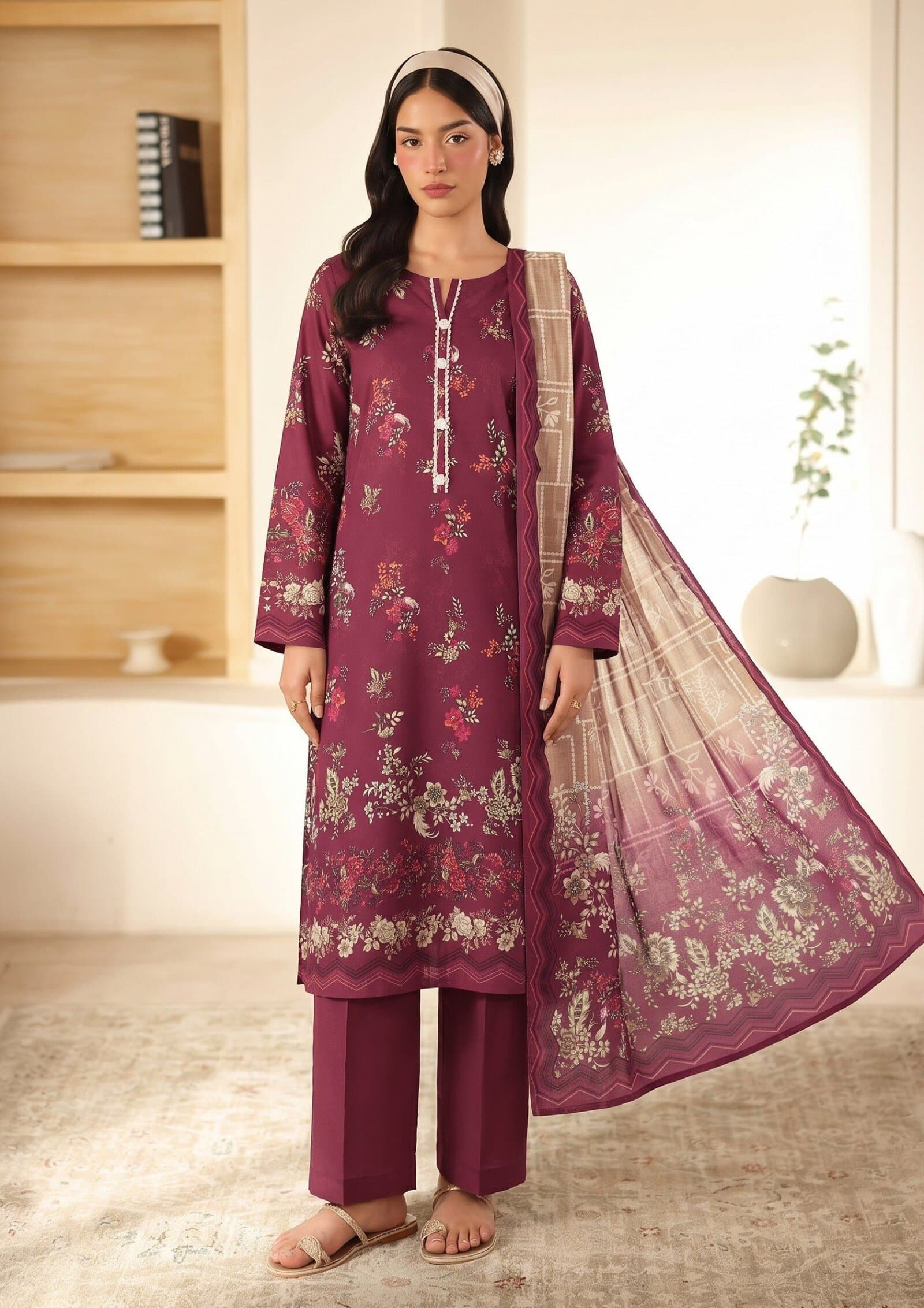 Maroon Wine unstitched 3-piece lawn suit — Zaha — Maroon Wine