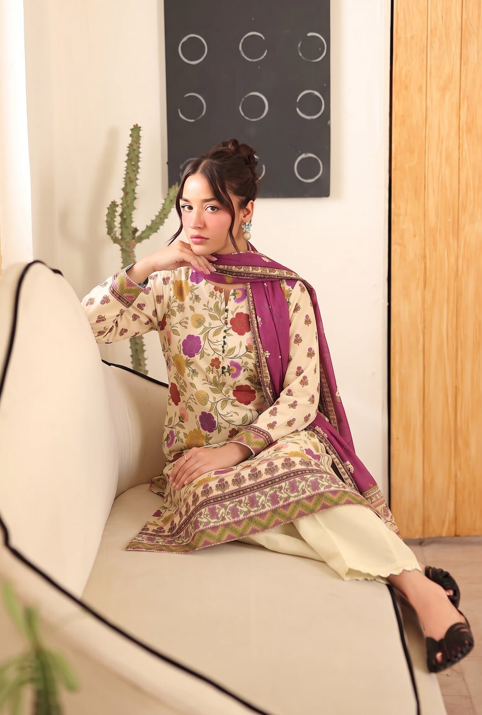 Cream Maroon Floral unstitched 3-piece lawn suit — Zaha — Cream Maroon Floral