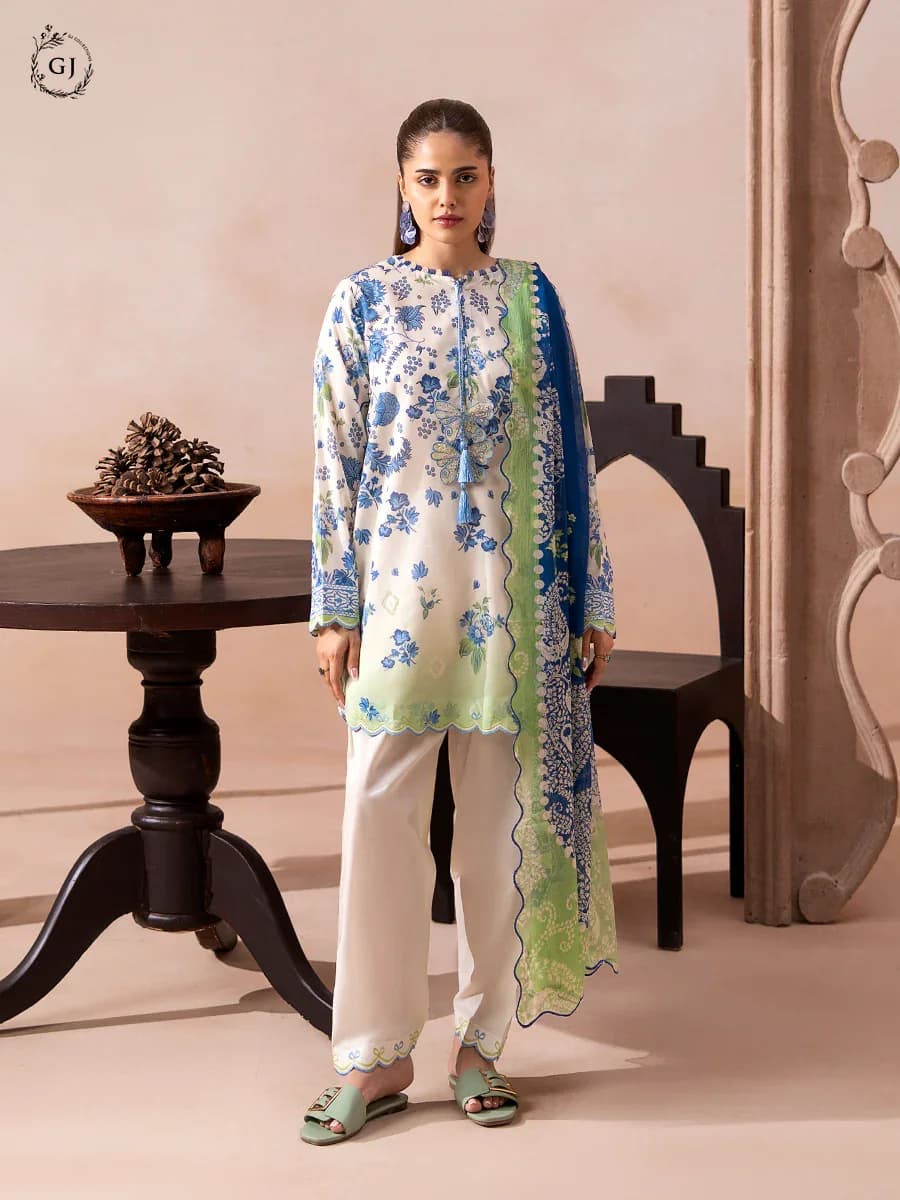 Off White unstitched 3-piece premium printed lawn suit — Guljee-Rooh-3Piece-07