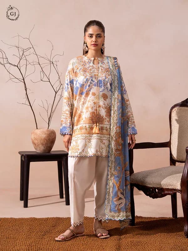 Off White unstitched 3-piece premium printed lawn suit — Guljee-Rooh-3Piece-09