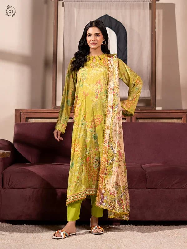 crisp green unstitched 3-piece premium printed lawn suit — Guljee-AMAYA-3Piece-03