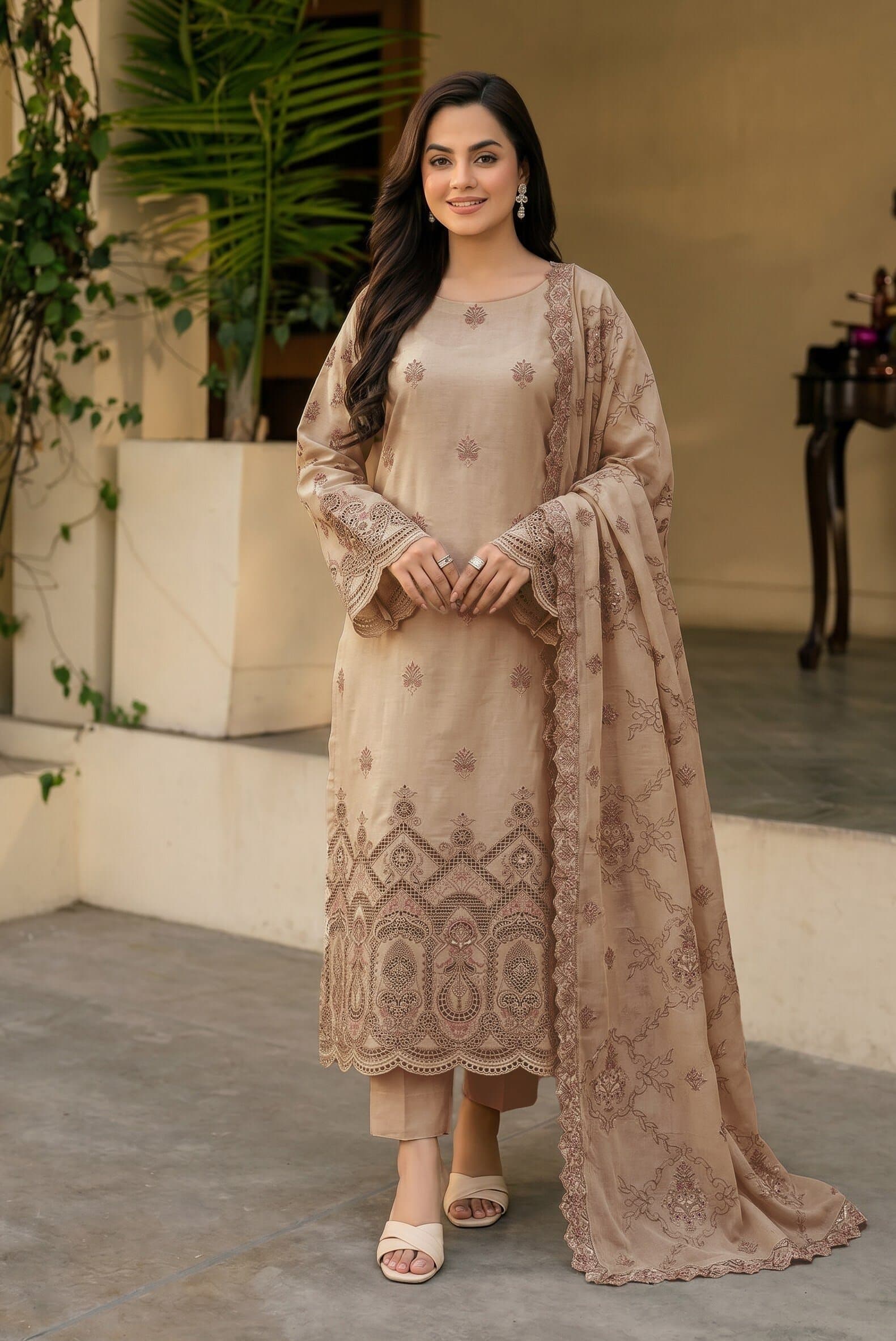 Beige unstitched 3-piece embroidered lawn suit — Phulkari — Beige Mauve Embroidered