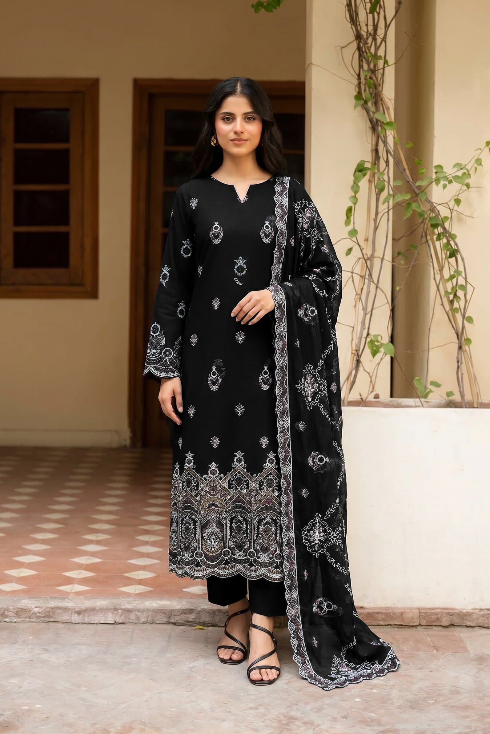 Black unstitched 3-piece embroidered lawn suit — Phulkari — Black Embroidered Lawn