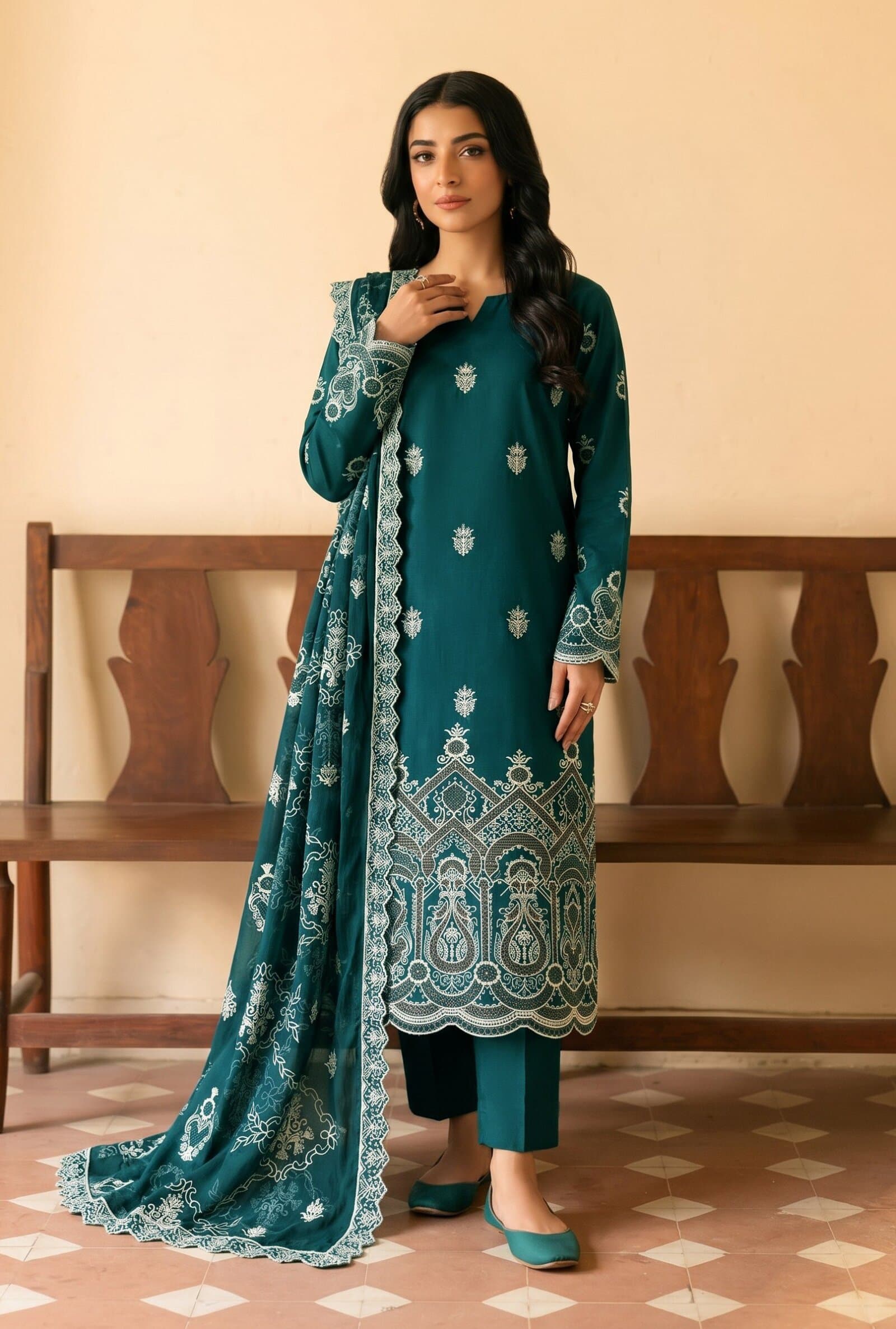 Teal Green unstitched 3-piece embroidered lawn suit — Phulkari — Teal Green Embroidered