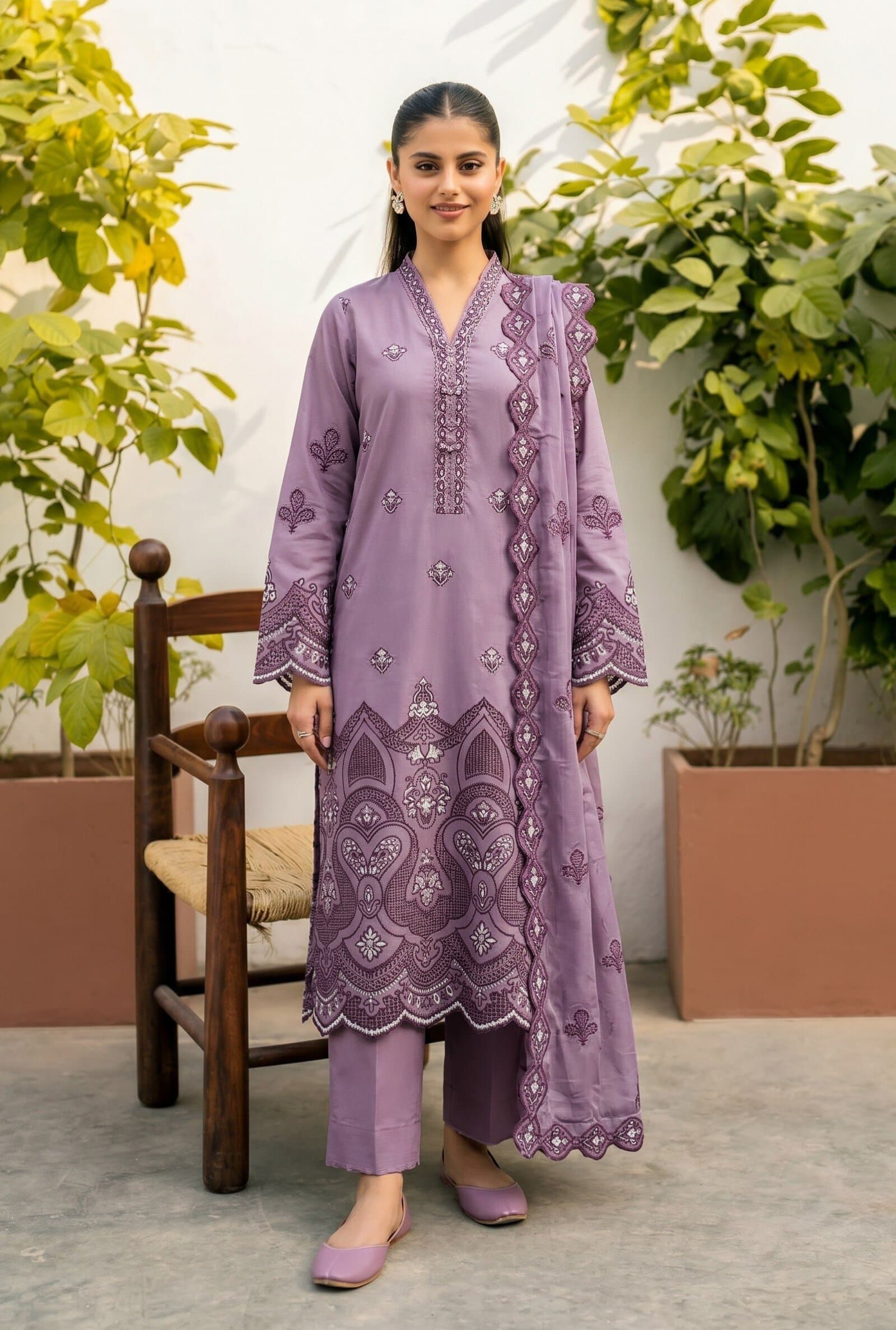 Lavender unstitched 3-piece embroidered lawn suit — Phulkari — Lavender Embroidered Lawn