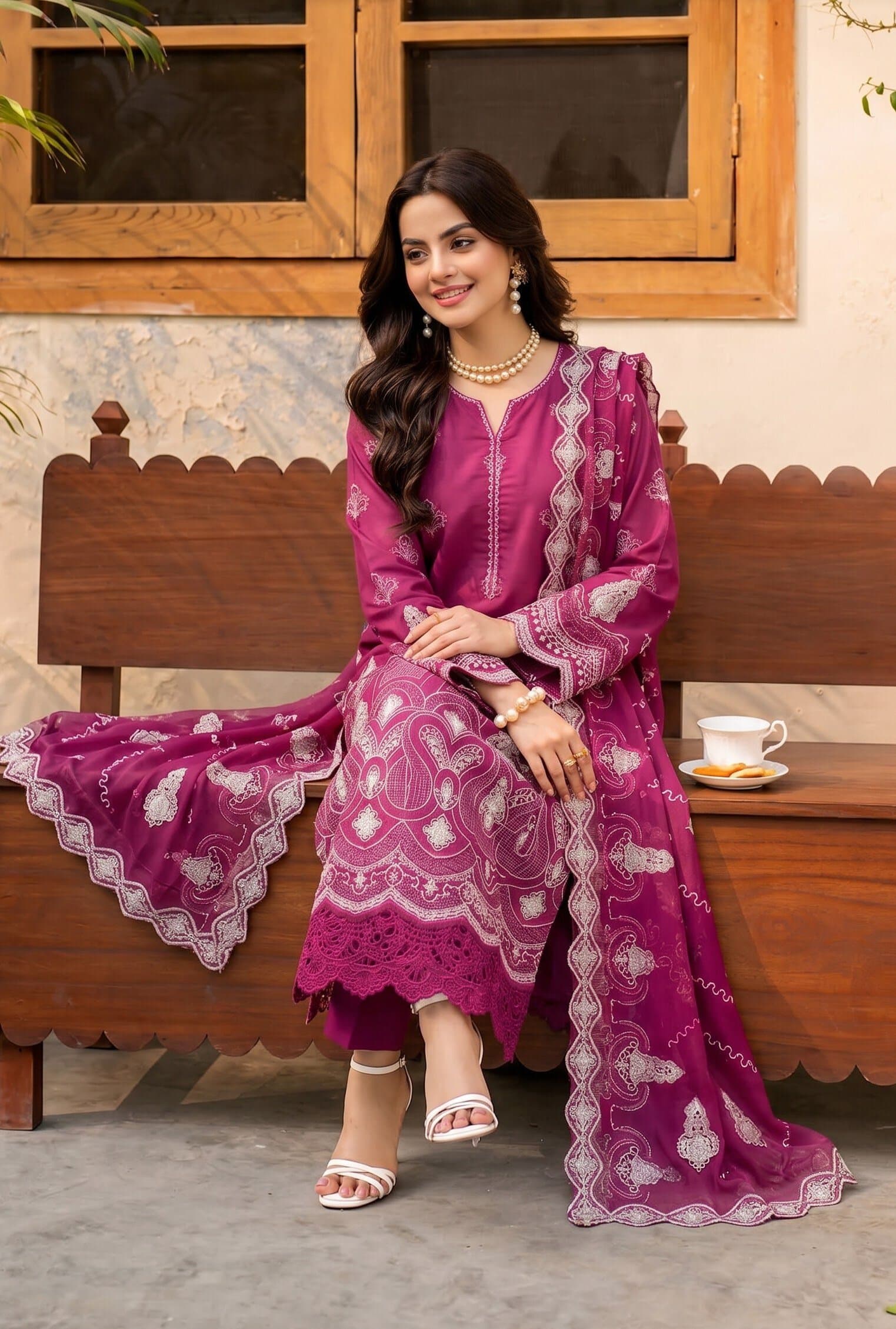 Magenta unstitched 3-piece embroidered lawn suit — Phulkari — Magenta Embroidered Lawn