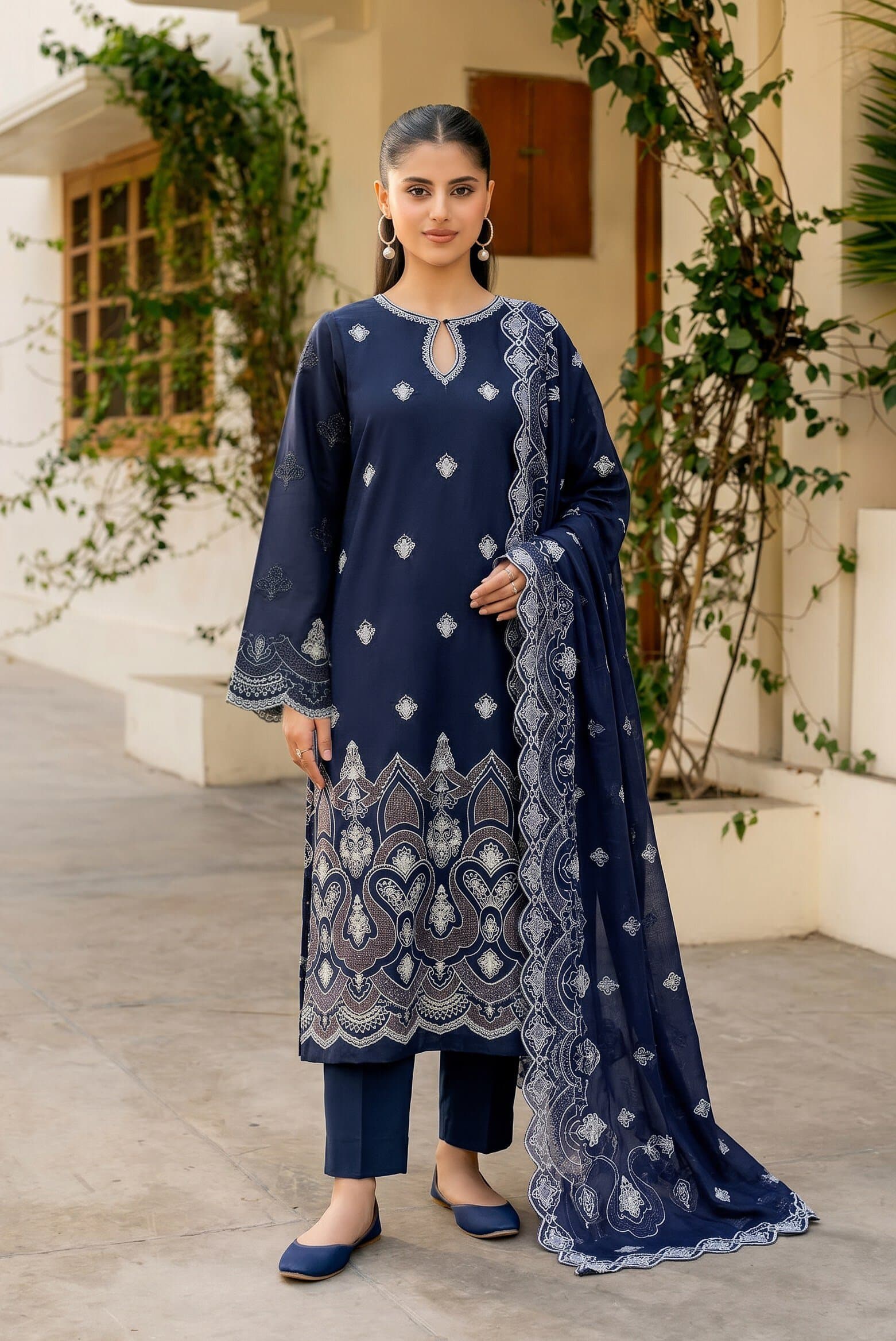 Navy unstitched 3-piece embroidered lawn suit — Phulkari — Navy Embroidered Lawn