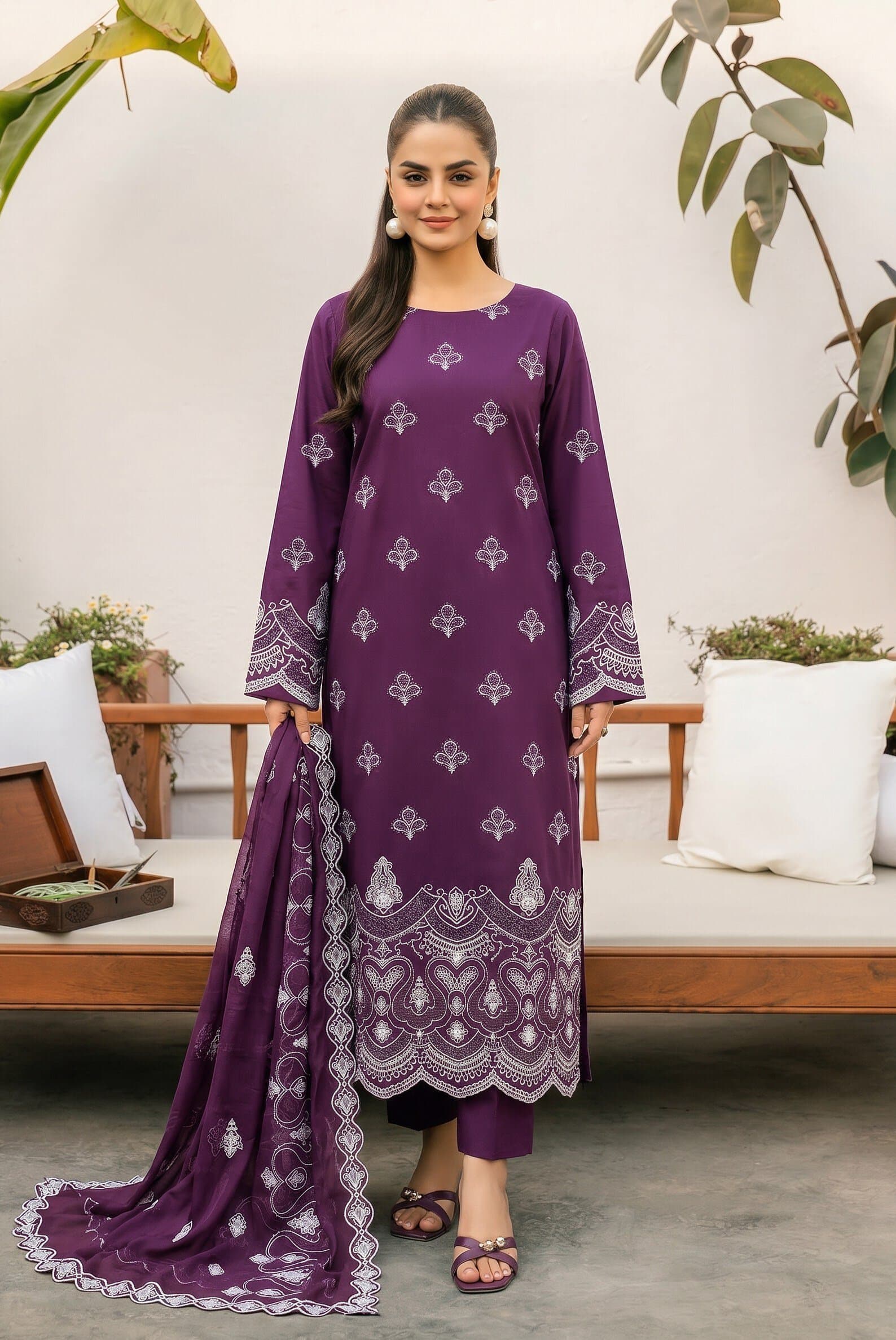 purple unstitched 3-piece embroidered lawn suit — Phulkari — Purple Embroidered Lawn