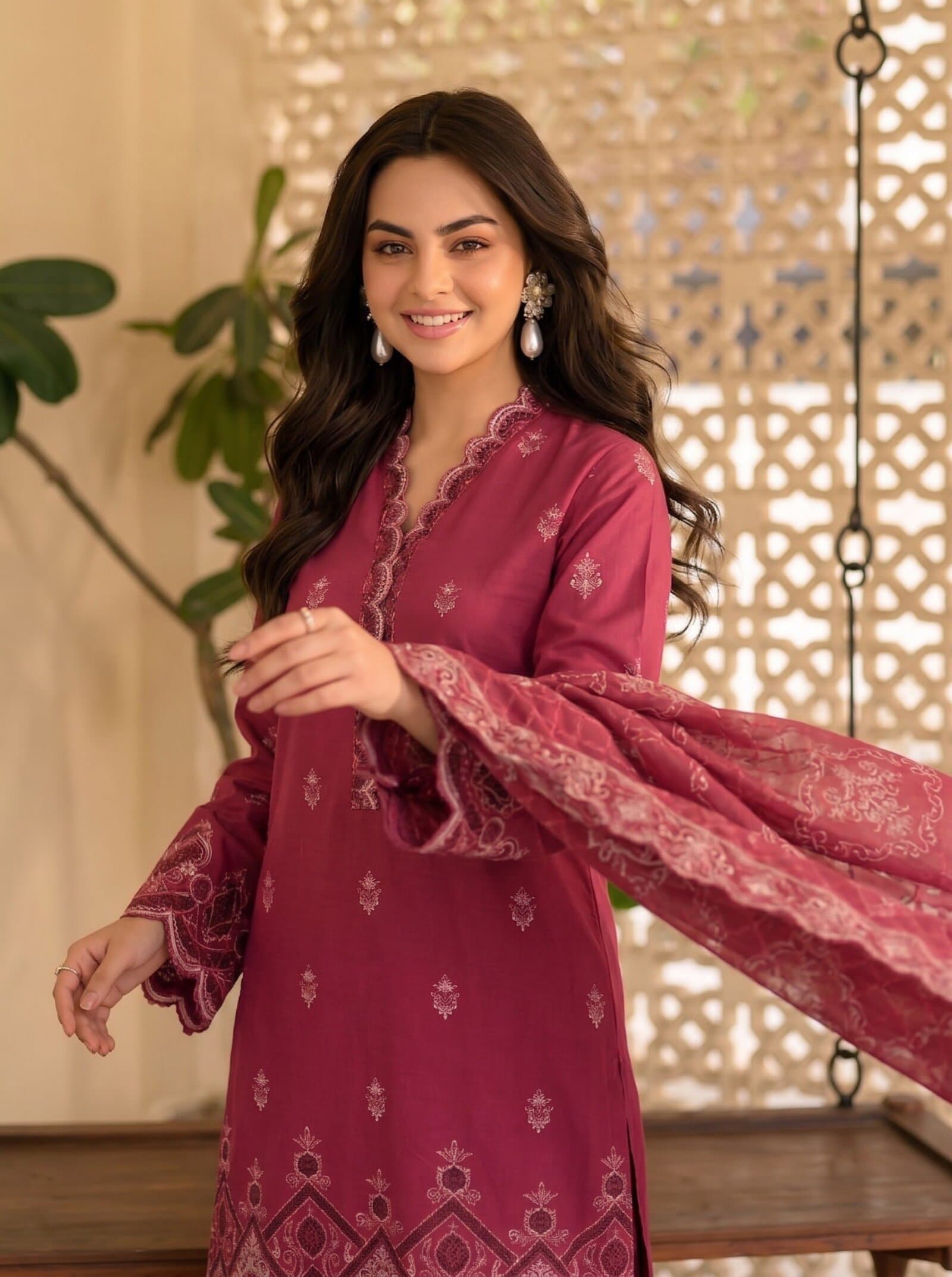 Mauve Pink unstitched 3-piece embroidered lawn suit — Phulkari — Mauve Pink Embroidered Lawn